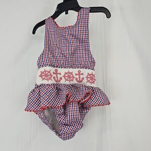 Stitches Of Faith Red White Blue Anchor Smocked Toddler Girl Size 3T Swimsuit